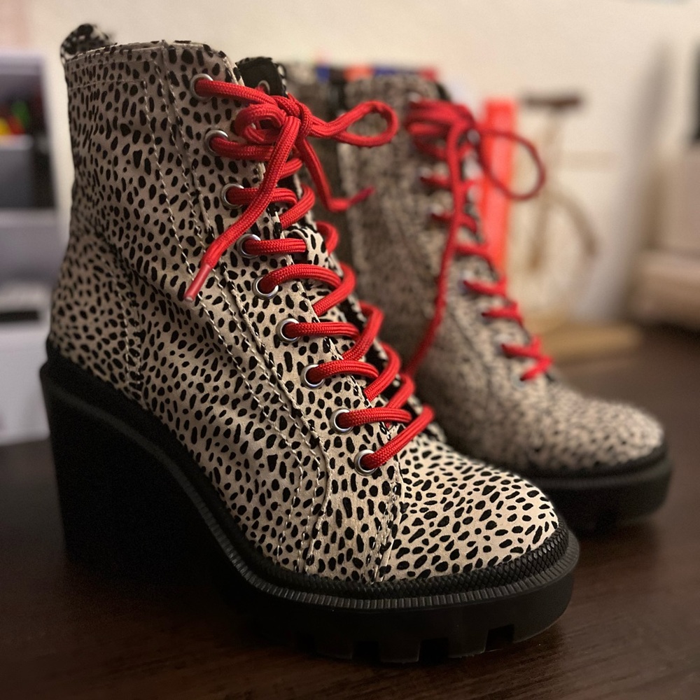 Gianni Bini Black and White Lace-Up Boots with Red Accents
